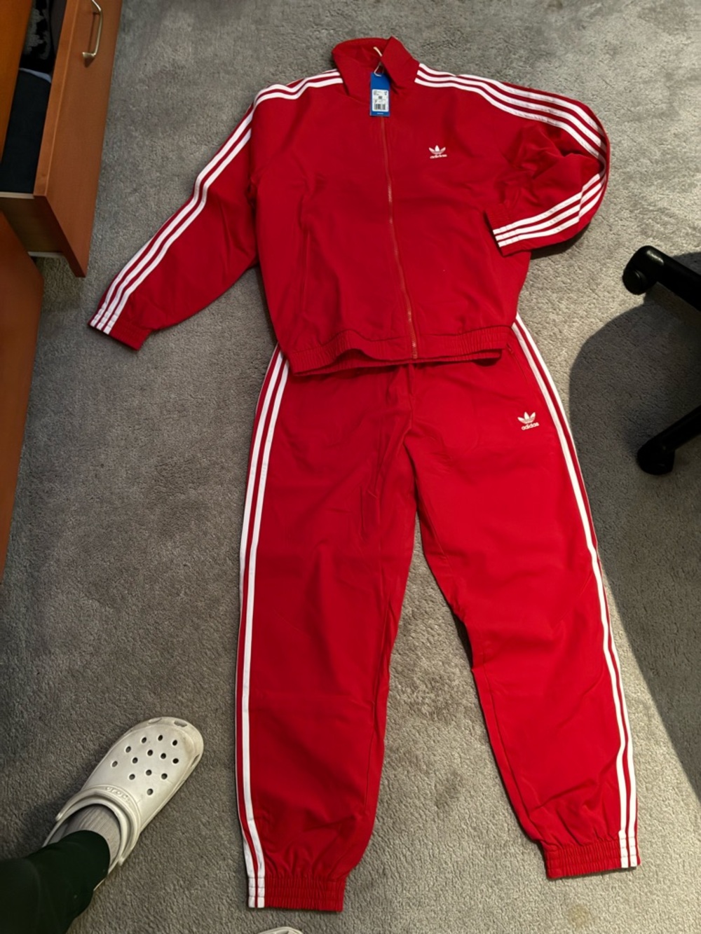adidas Red Track Jacket and Pants Set with White Stripes